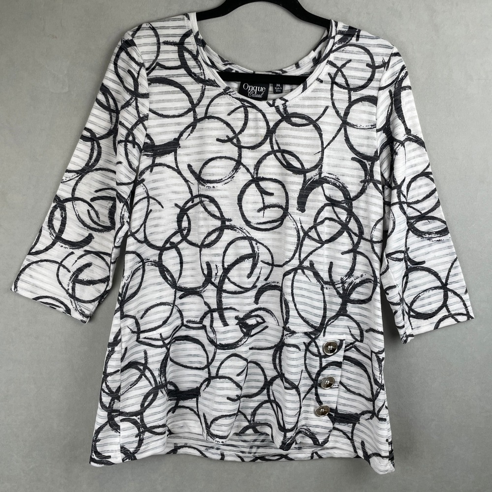 Onque Casual Womens M Black White Abstract Circle Print 3/4 Sleeve Artsy Top